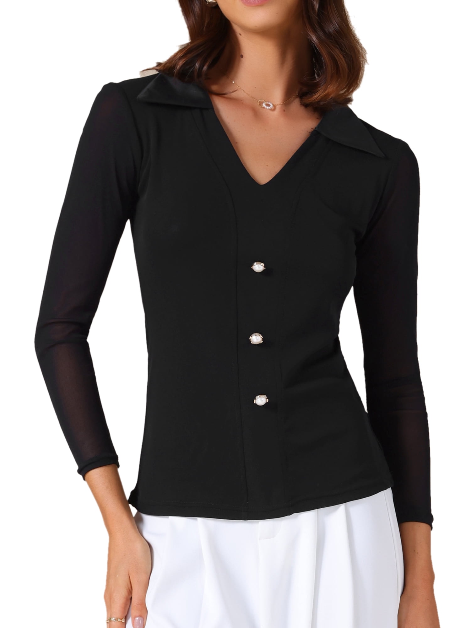 DARING DIVA Women's Long Sleeve V Neck Collared Slim Fit Blouses L Black