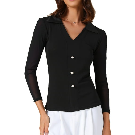 DARING DIVA Women's Long Sleeve V Neck Collared Slim Fit Blouses XS Black