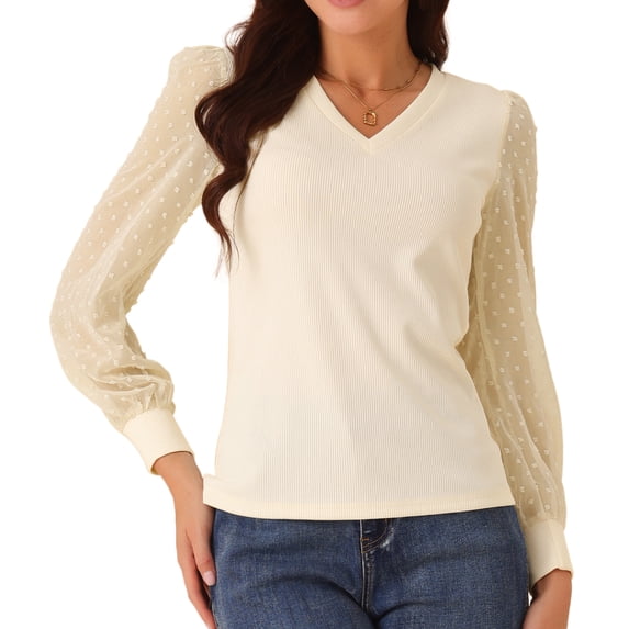DARING DIVA Women's Long Sleeve V Neck Swiss Dot Mesh Sleeve Blouses S Beige