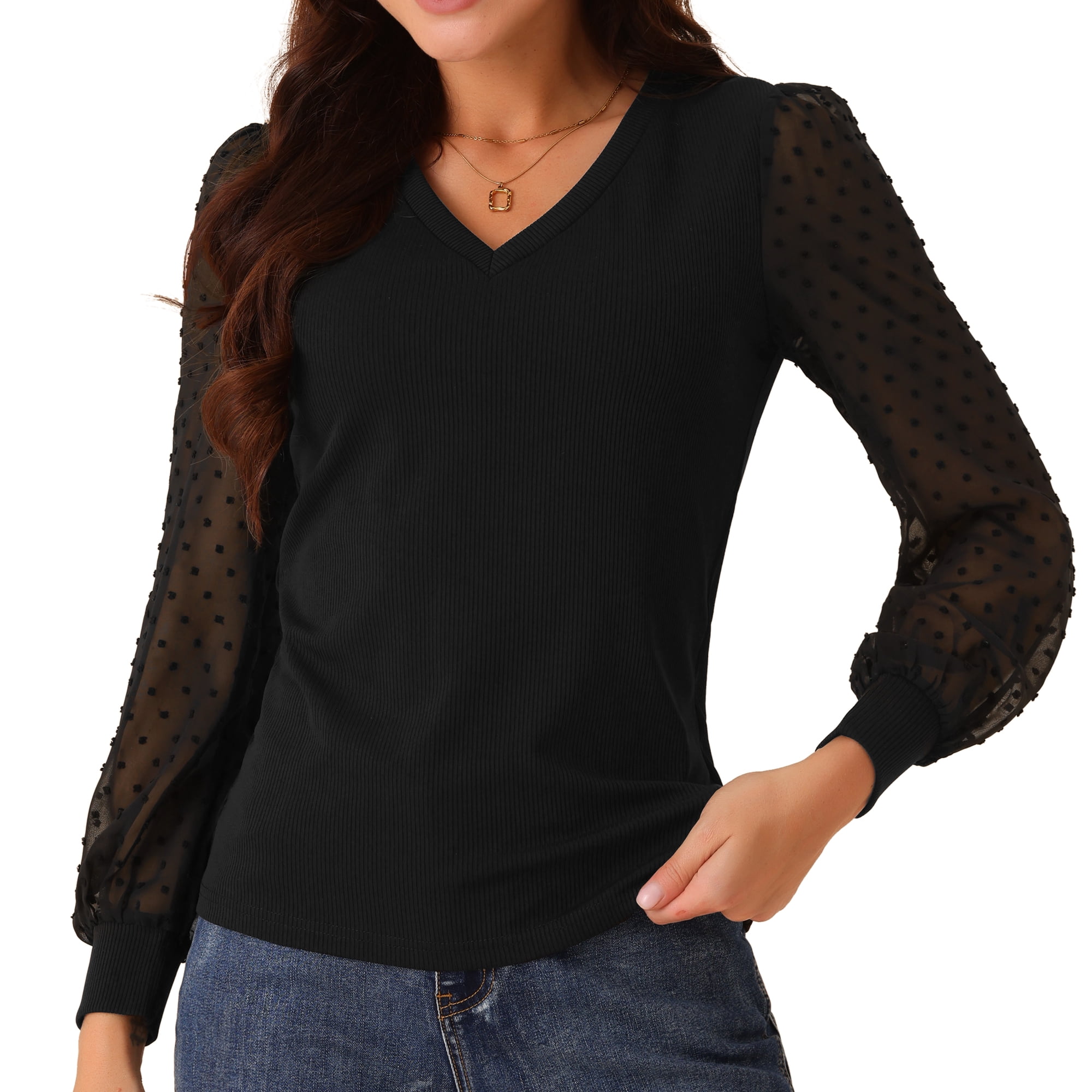 DARING DIVA Women's Long Sleeve V Neck Swiss Dot Mesh Sleeve Blouses S Black