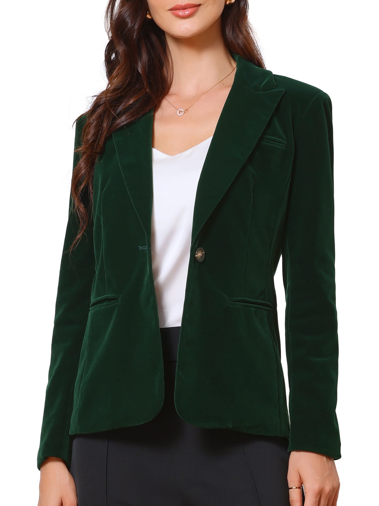 DARING DIVA Women's Long Sleeve Velvet Blazer with Notch Lapel L Dark Green