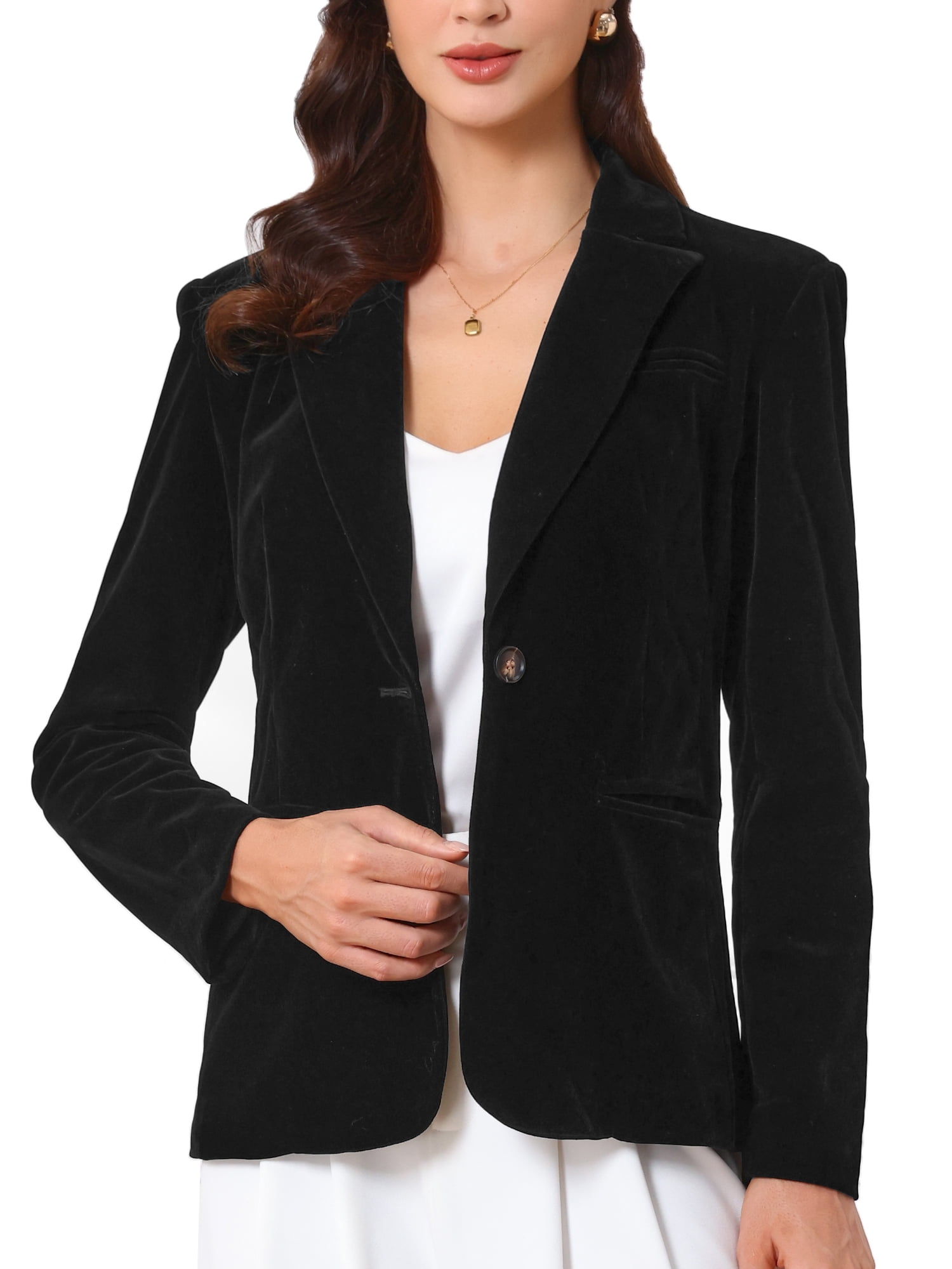 DARING DIVA Women's Long Sleeve Velvet Blazer with Notch Lapel XS Black