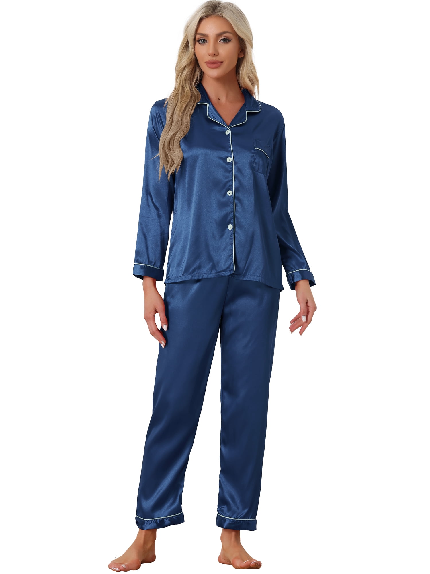 DARING DIVA Women's Long Sleeves Button Down Satin Pajama Sets L Dark Blue