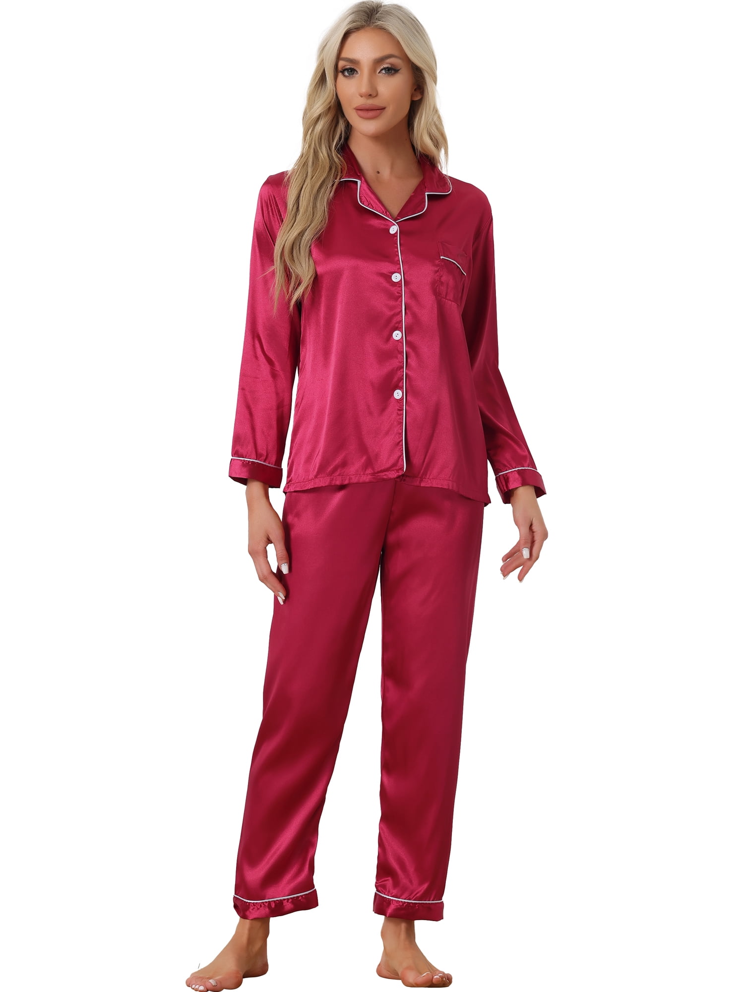DARING DIVA Women's Long Sleeves Button Down Satin Pajama Sets XL Red
