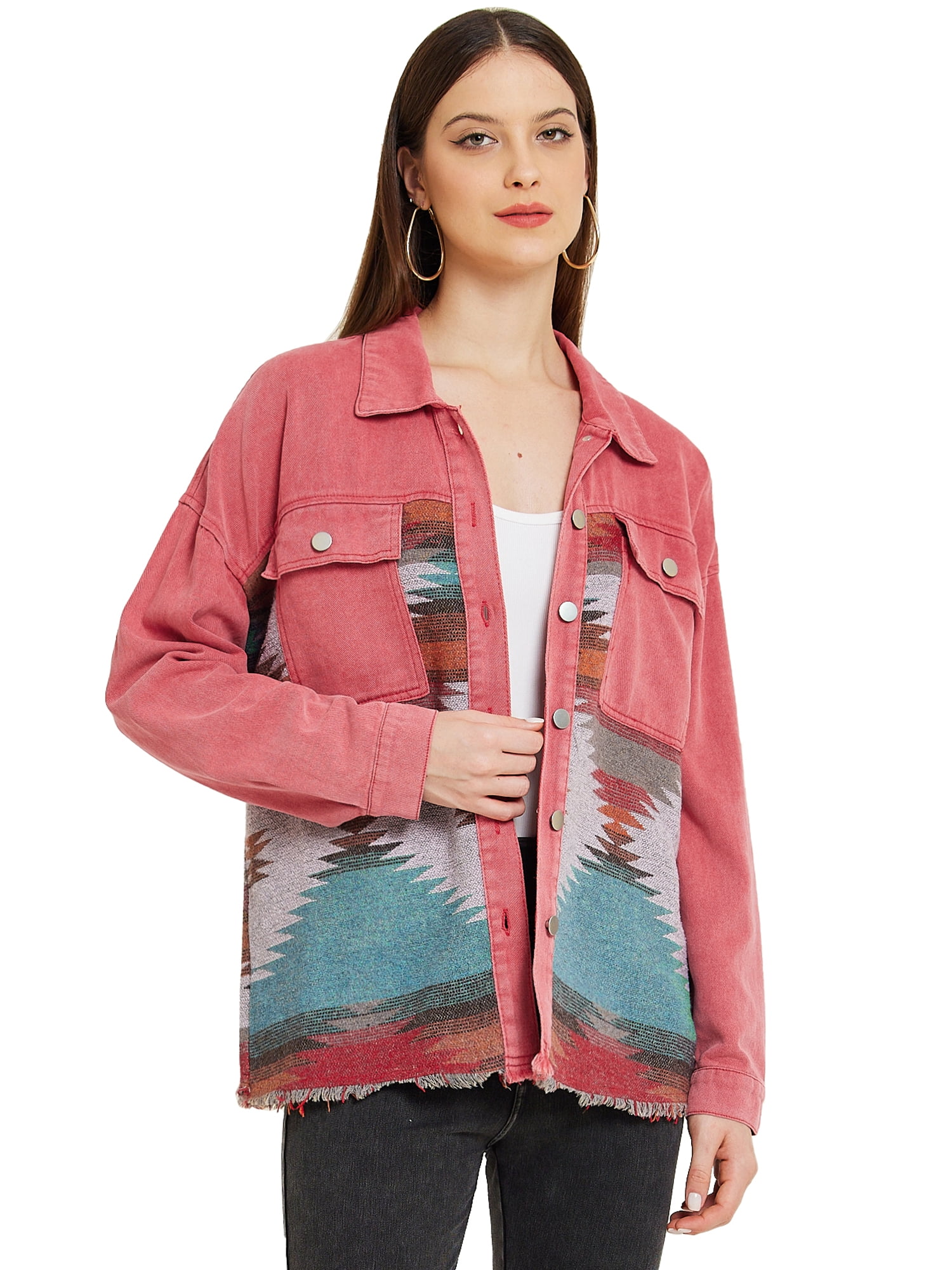 DARING DIVA Women's Long Sleeves Lapel Collar Denim Jacket M Pink ...
