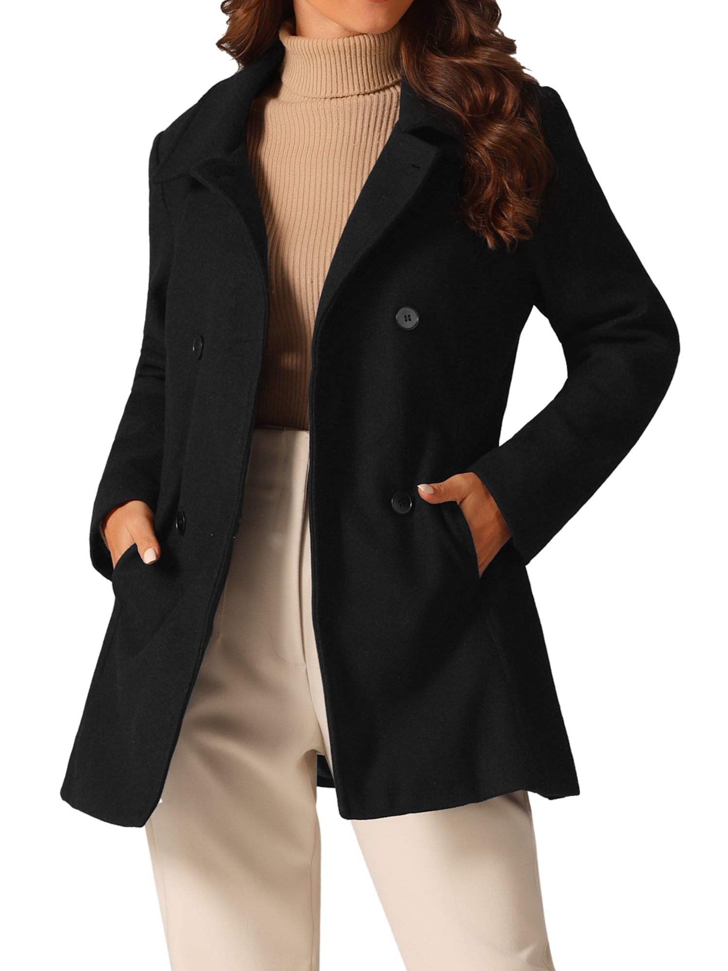 DARING DIVA Women's Double Breasted Long Sleeves Button Down Winter Peacoat M Black