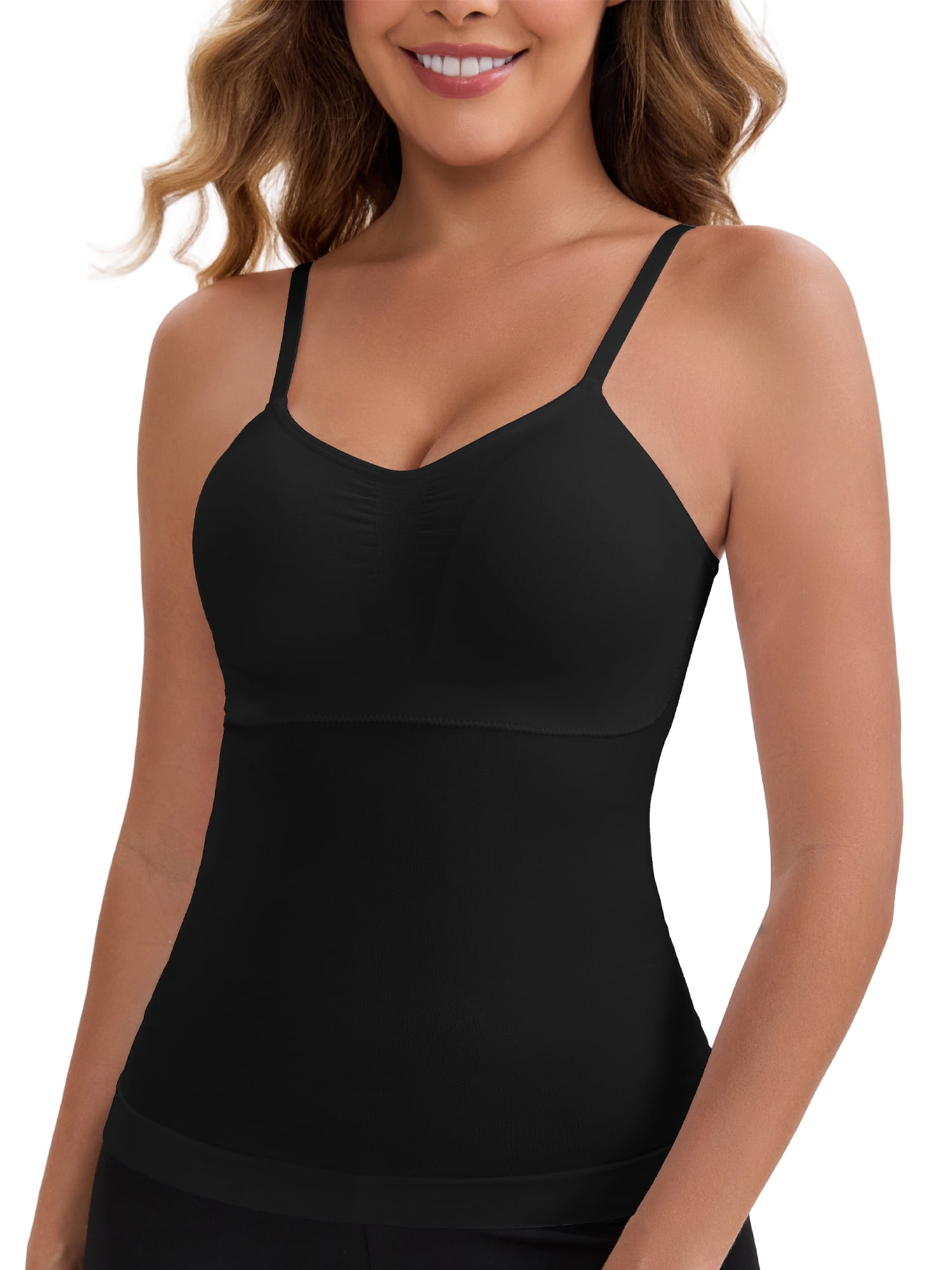 DARING DIVA Women's Long V-Neck Padded Camisole Seamless Slim Fit Tank L Black