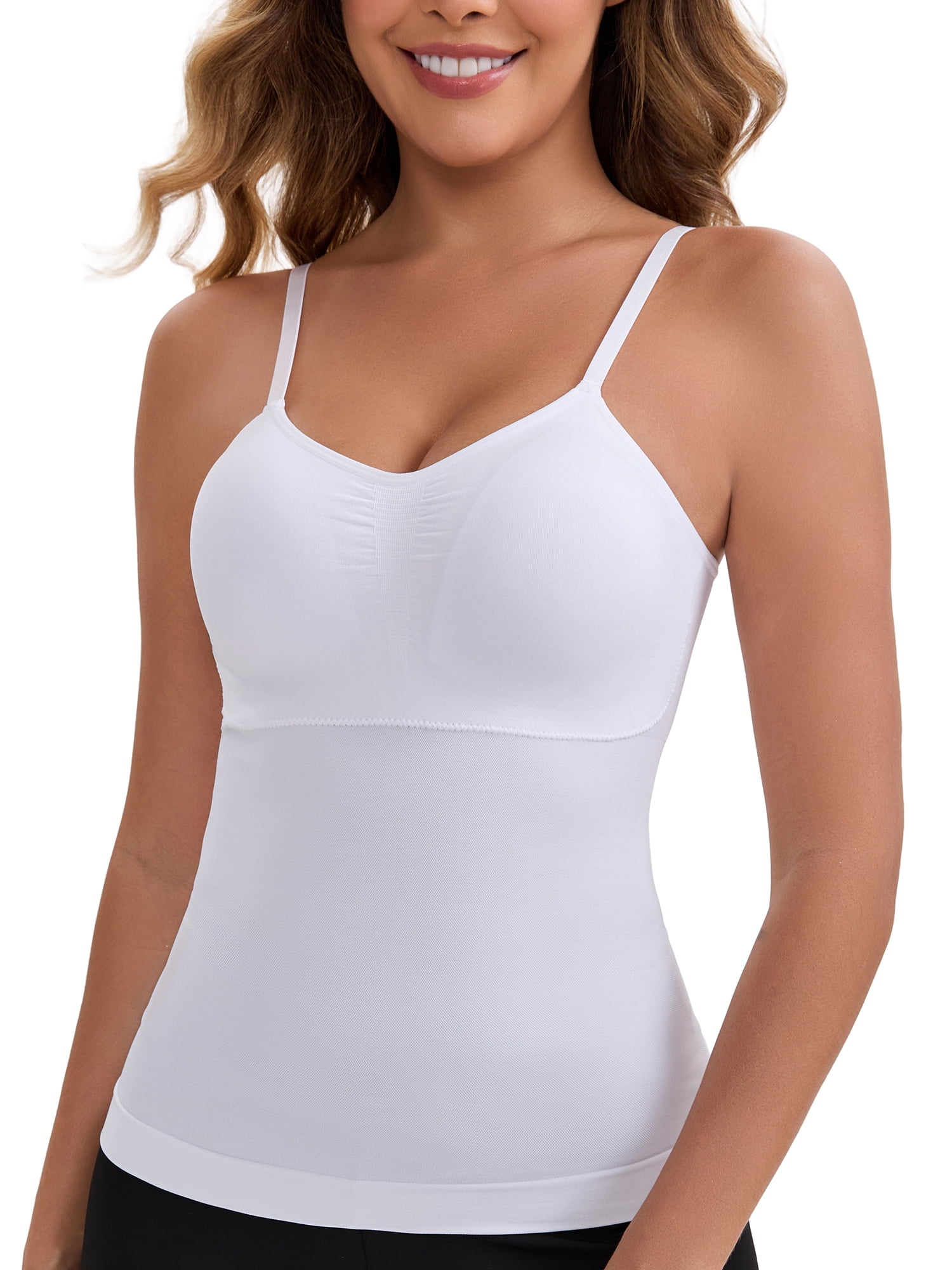 DARING DIVA Women's Long V-Neck Padded Camisole Seamless Slim Fit Tank S White