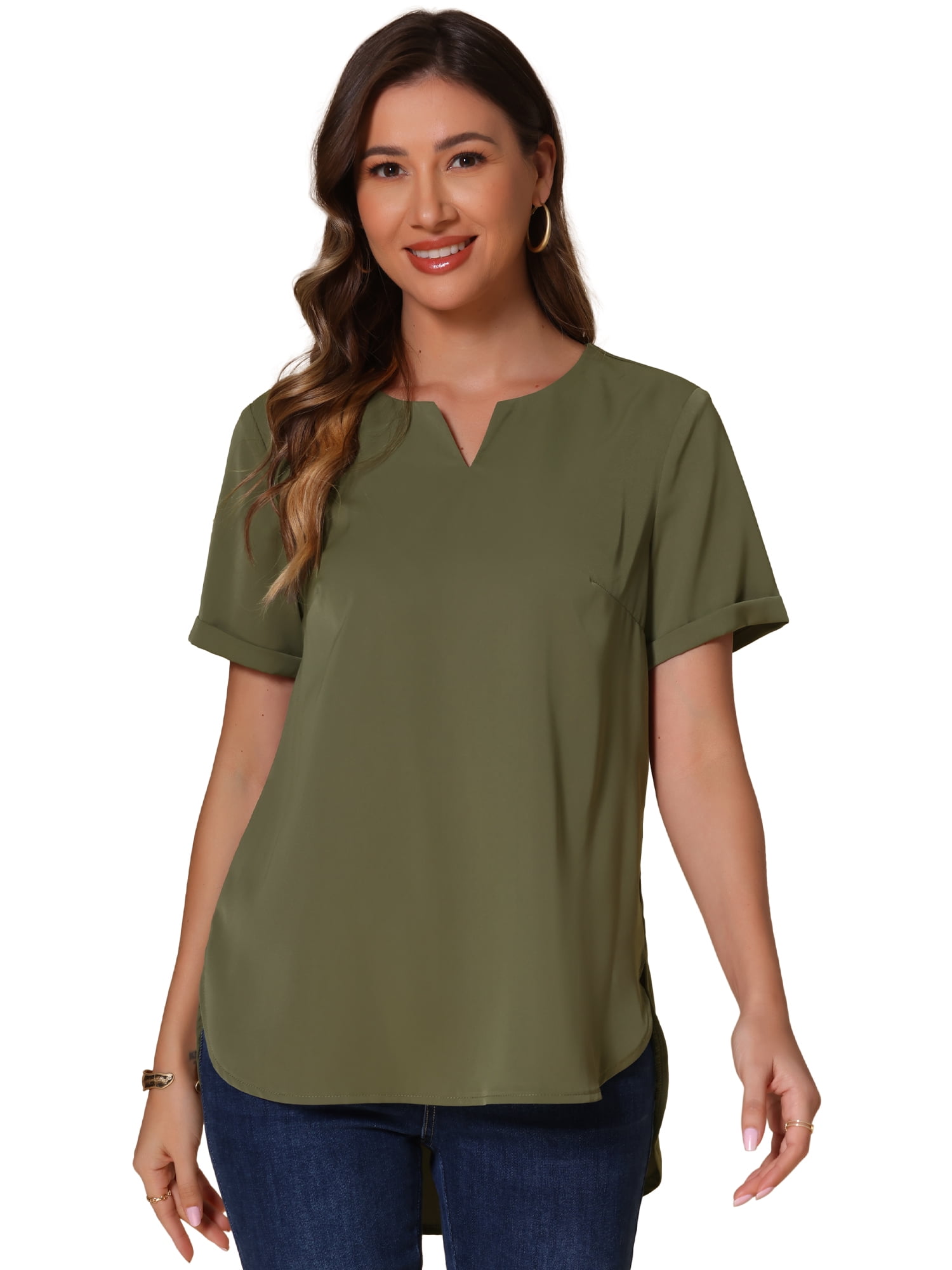 DARING DIVA Women's Loose Fit Dressy Curved Hem Casual Tunic Top Army Green M