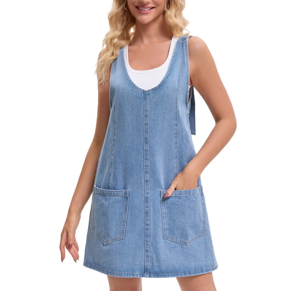 DARING DIVA Women's Loose Sleeveless Pinafore Mini Denim Dresses 2XL Sky Blue