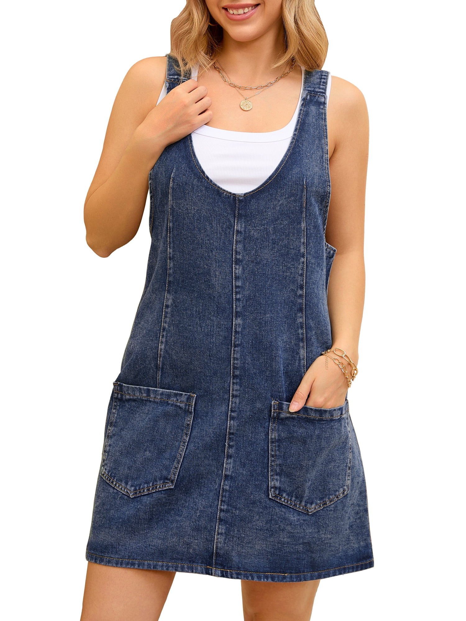 DARING DIVA Women's Loose Sleeveless Pinafore Mini Denim Dresses M Blue