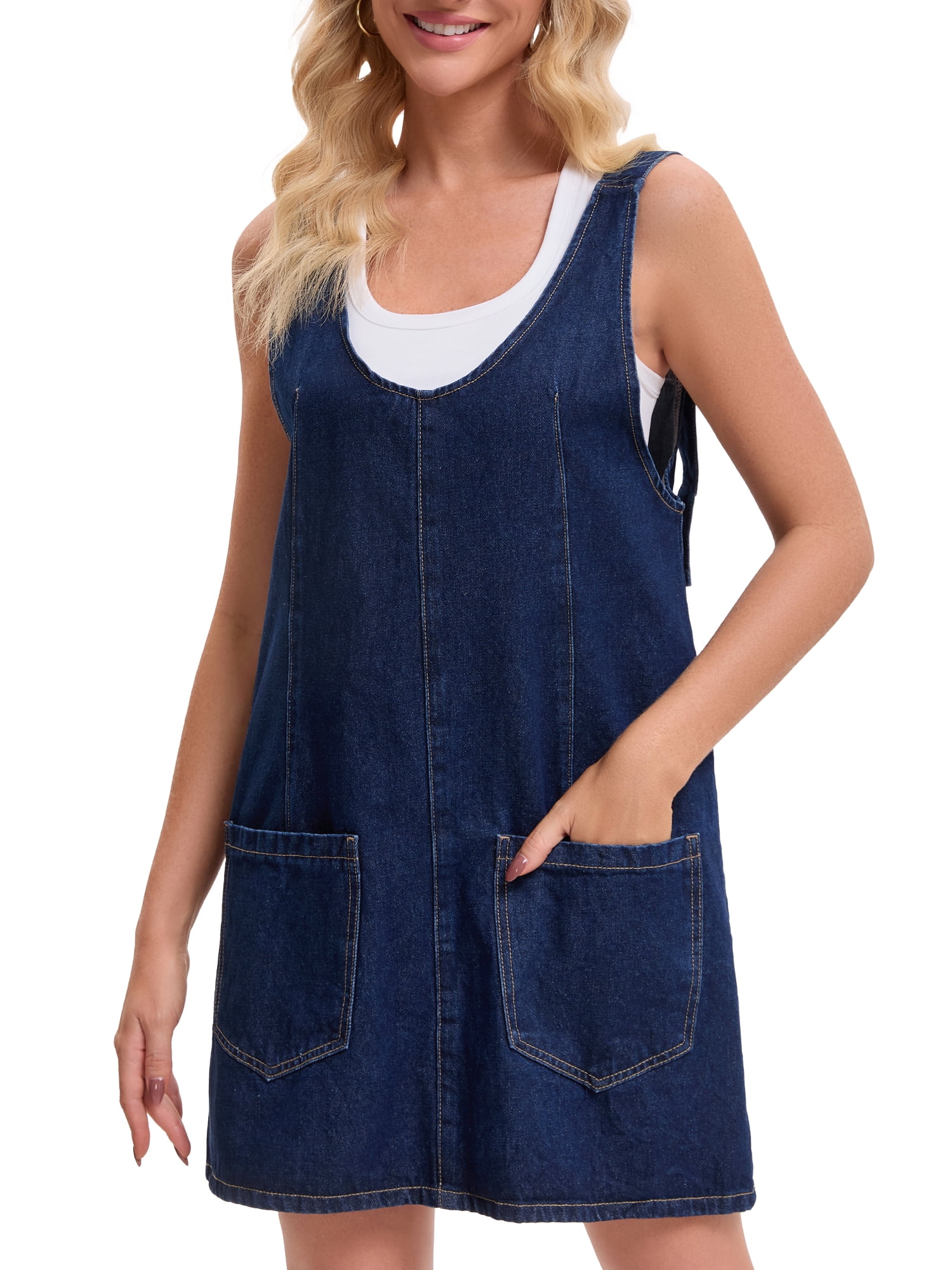 DARING DIVA Women's Loose Sleeveless Pinafore Mini Denim Dresses M Deep Blue