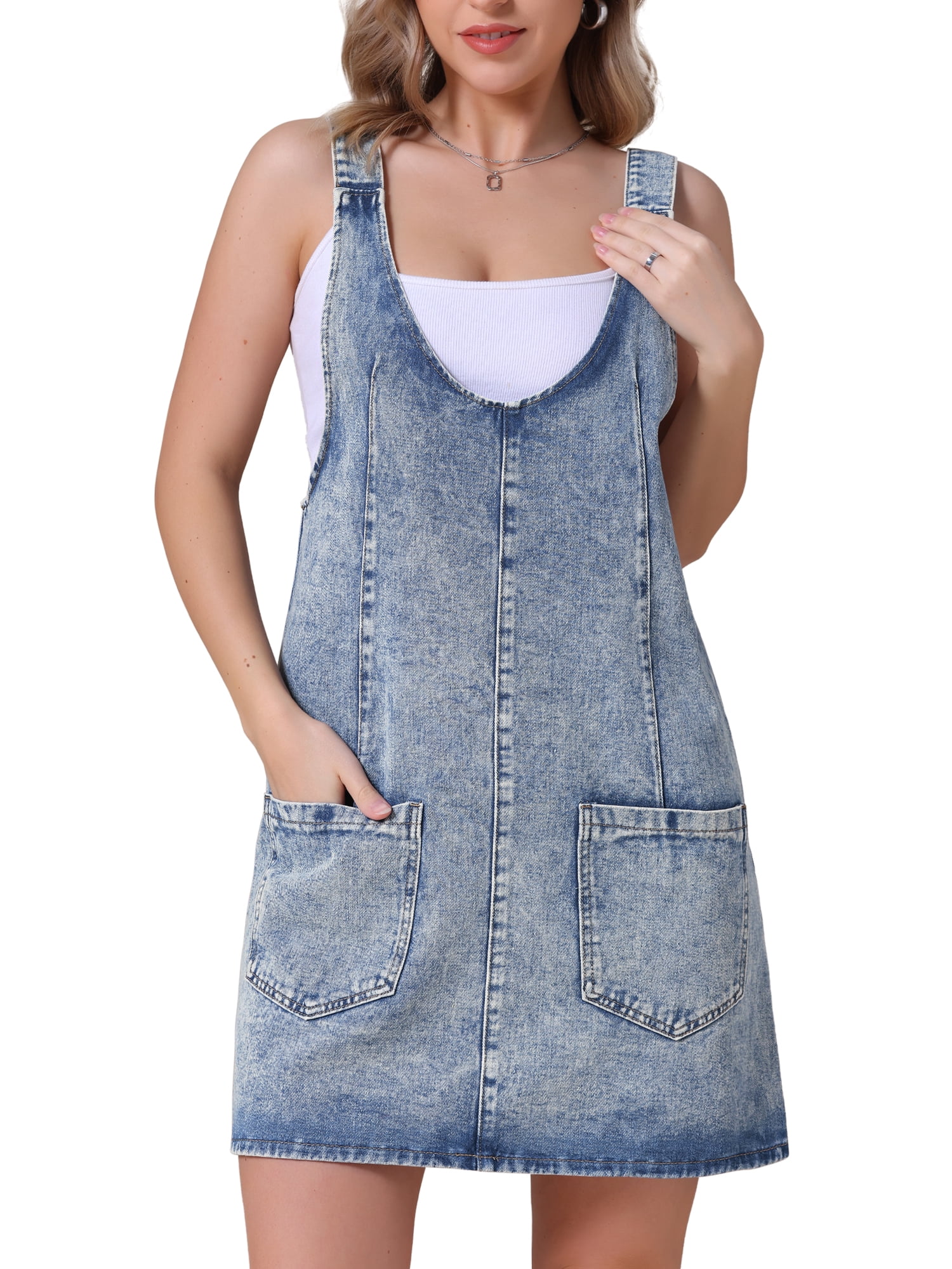 DARING DIVA Women's Loose Sleeveless Pinafore Mini Denim Dresses M Light Blue