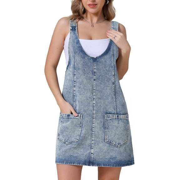 DARING DIVA Women's Loose Sleeveless Pinafore Mini Denim Dresses M Light Blue