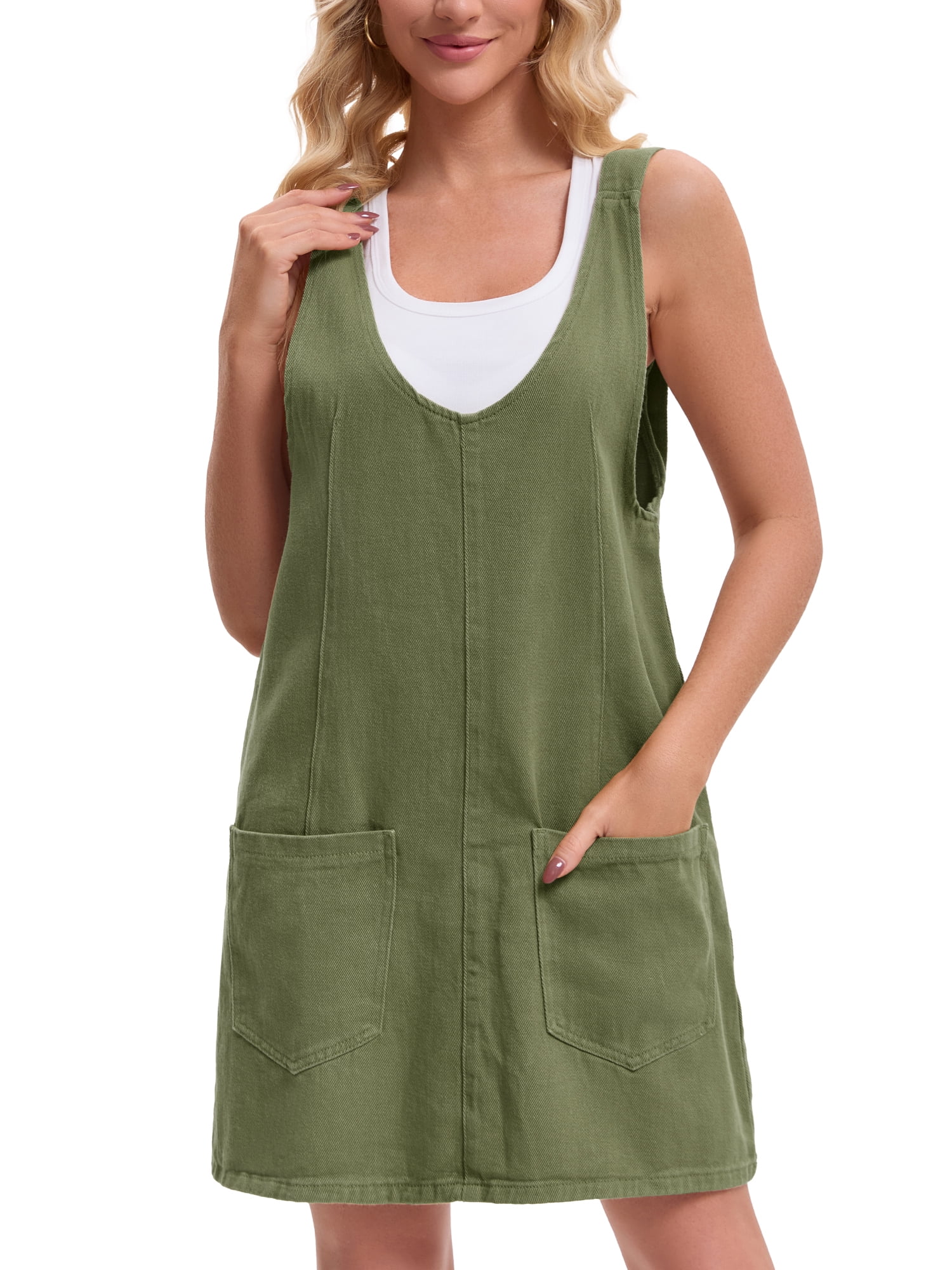 DARING DIVA Women's Loose Sleeveless Pinafore Mini Denim Dresses XL Army Green