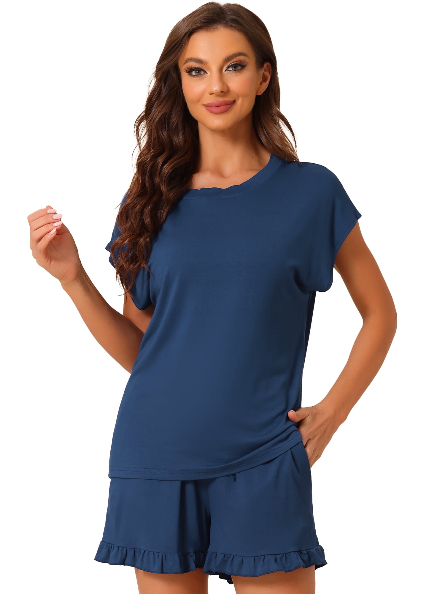 DARING DIVA Women's Lounge Pajamas Short Sleeve Tops with Shorts Pockets 2XL Blue