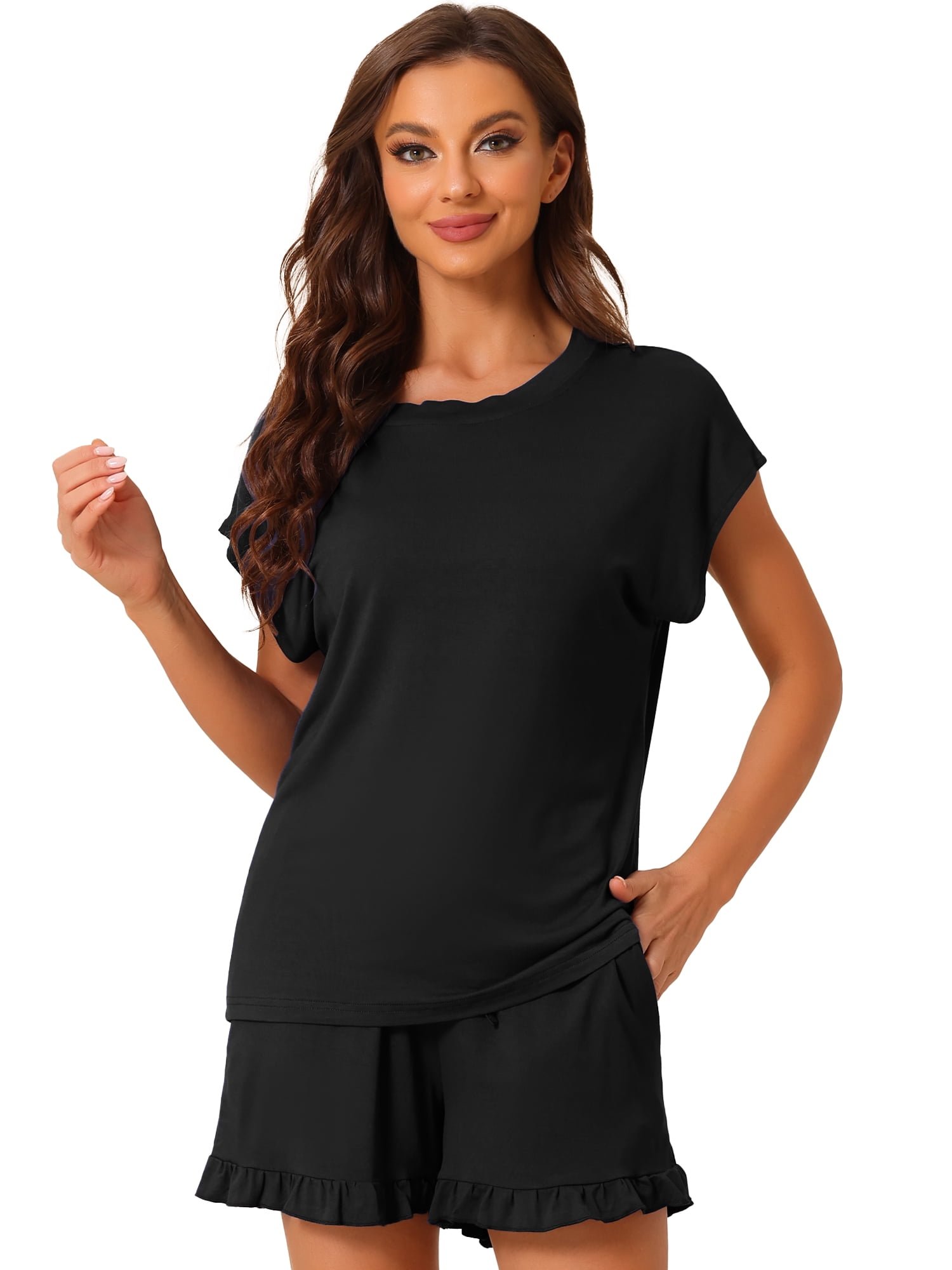 DARING DIVA Women's Lounge Pajamas Short Sleeve Tops with Shorts Pockets M Black