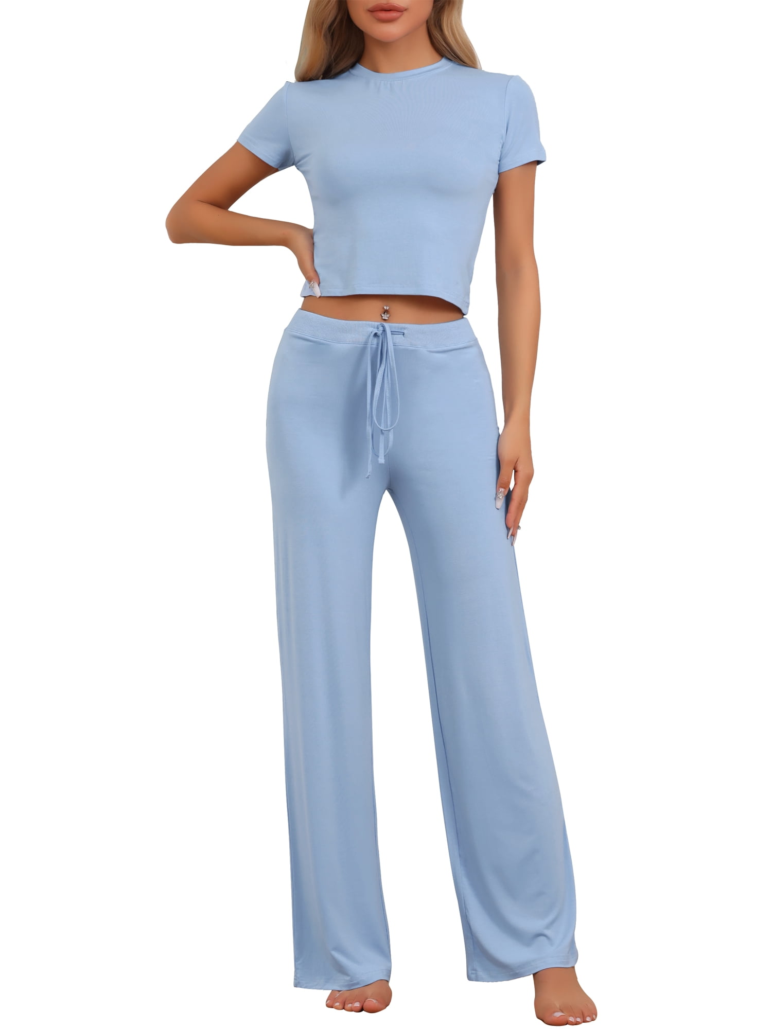 DARING DIVA Women's Lounge Sets Crop Short Sleeve T-Shirt and Wide Leg Pants M Blue