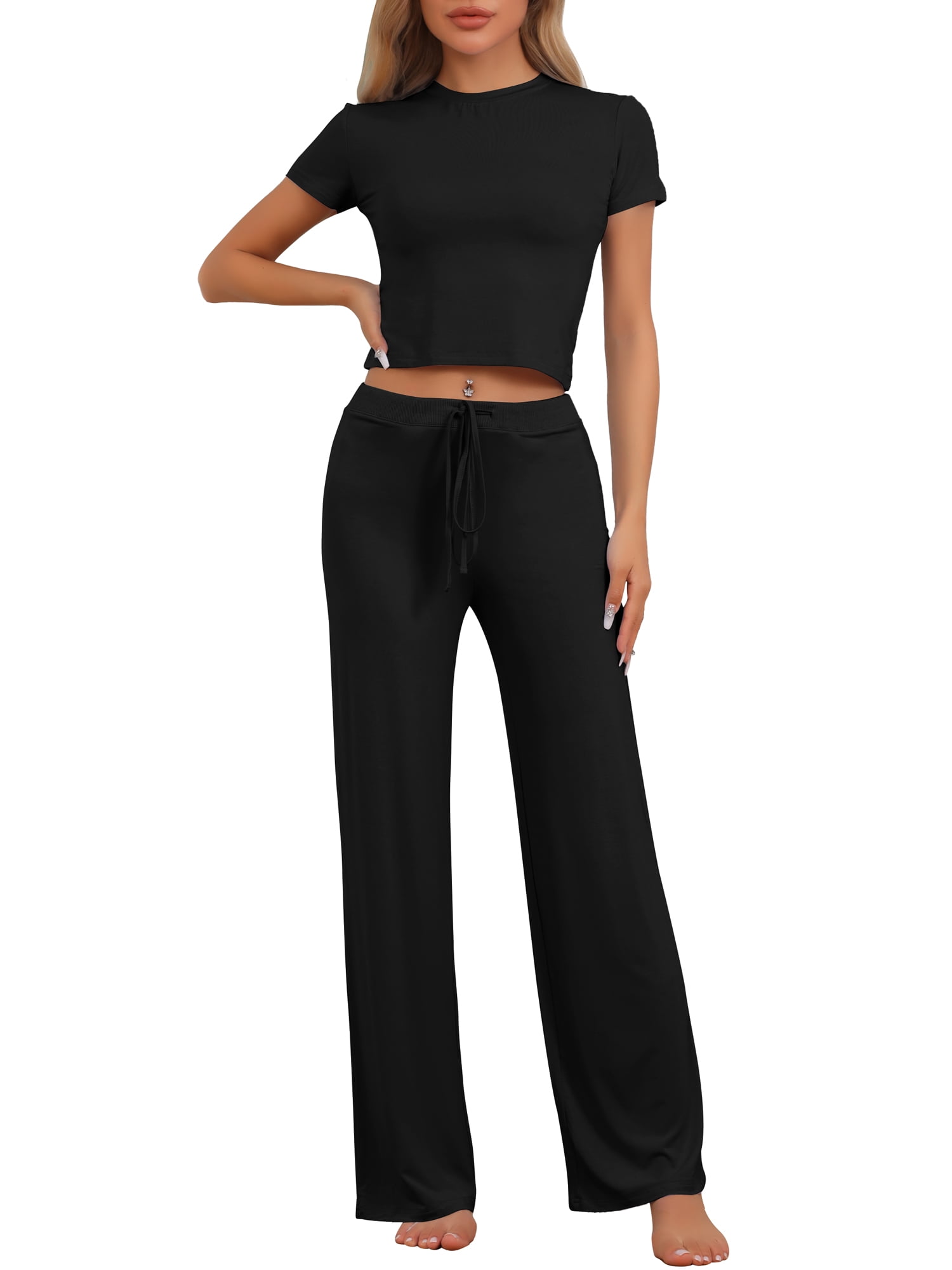 DARING DIVA Women's Lounge Sets Crop Short Sleeve T-Shirt and Wide Leg Pants S Black
