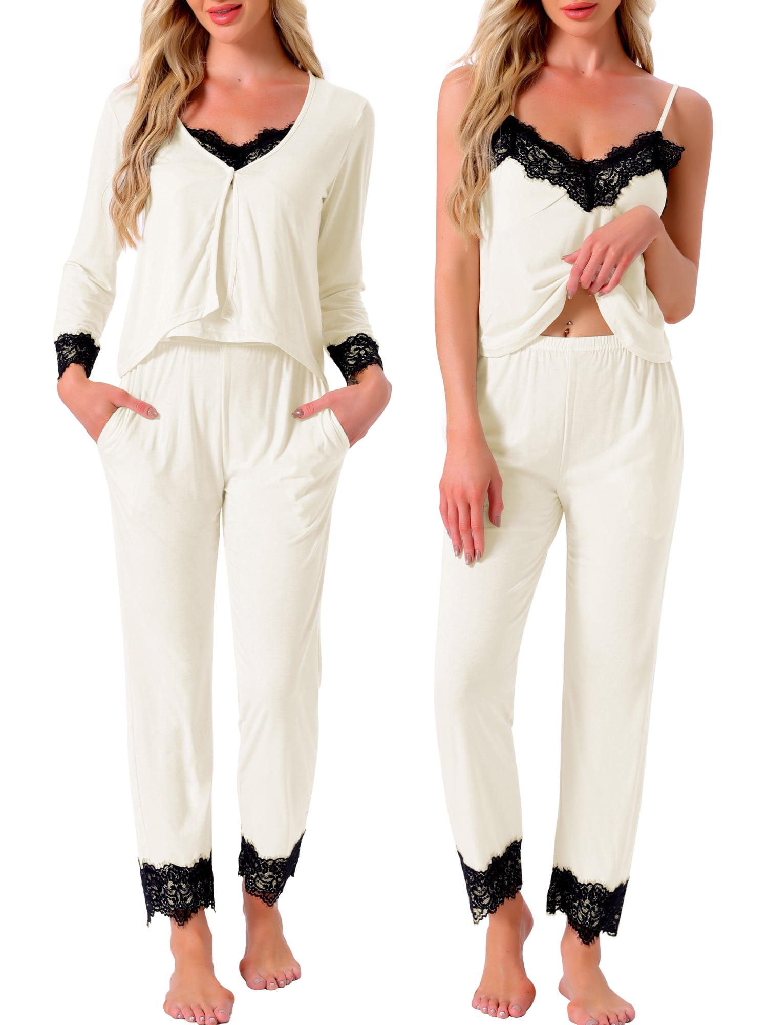 DARING DIVA Women's Loungewear Lace Cami Pajama Set with Pockets Cardigan S White