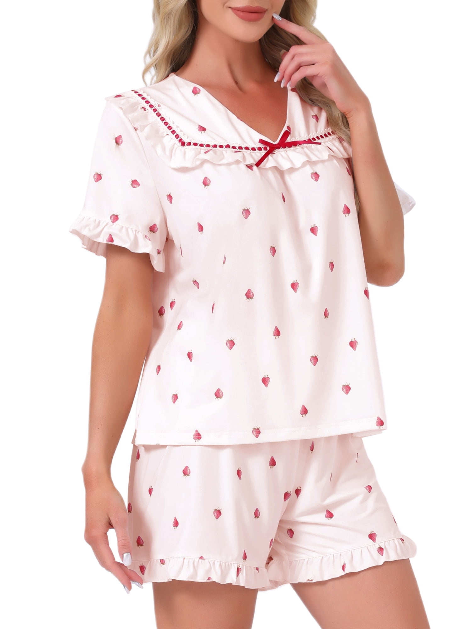 DARING DIVA Women's Loungewear Ruffle Babydoll Collared Cute Print Pajama Sets S Pink
