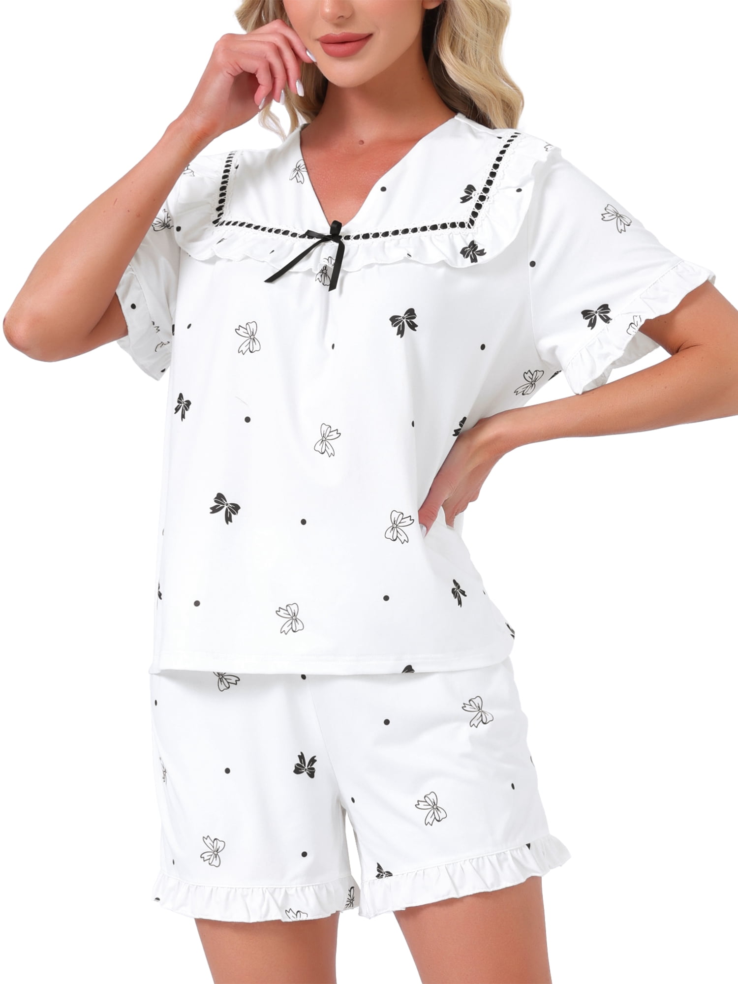 DARING DIVA Women's Loungewear Ruffle Babydoll Collared Cute Print Pajama Sets XL Gray
