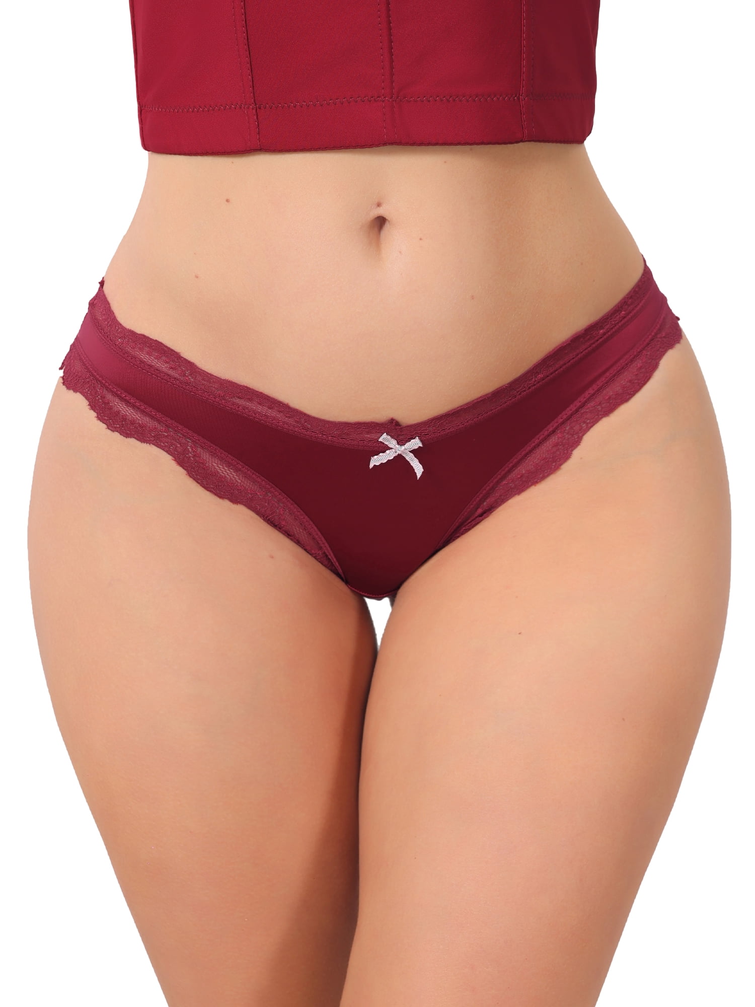 DARING DIVA Women's Low Rise Satin Panties Underwear Floral Lace Trim Briefs L Wine Red