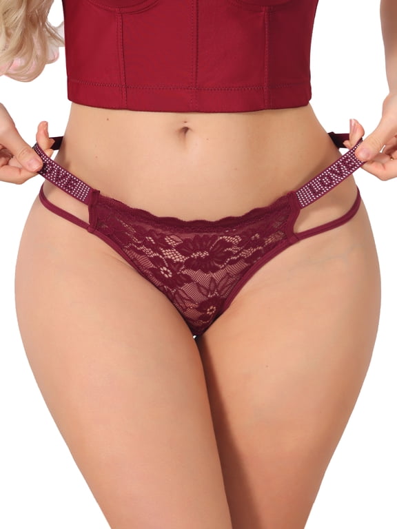 Women's Low Waist Shiny Tangas Letter Prints Lace Underwear Thong S Red