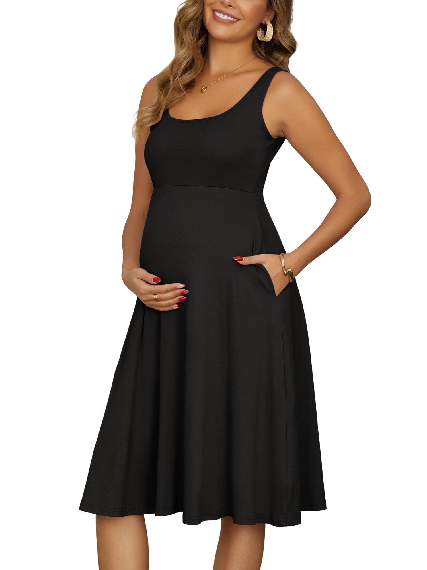 DARING DIVA Women's Maternity A-Line Cotton Flare Dress with Pockets L Black