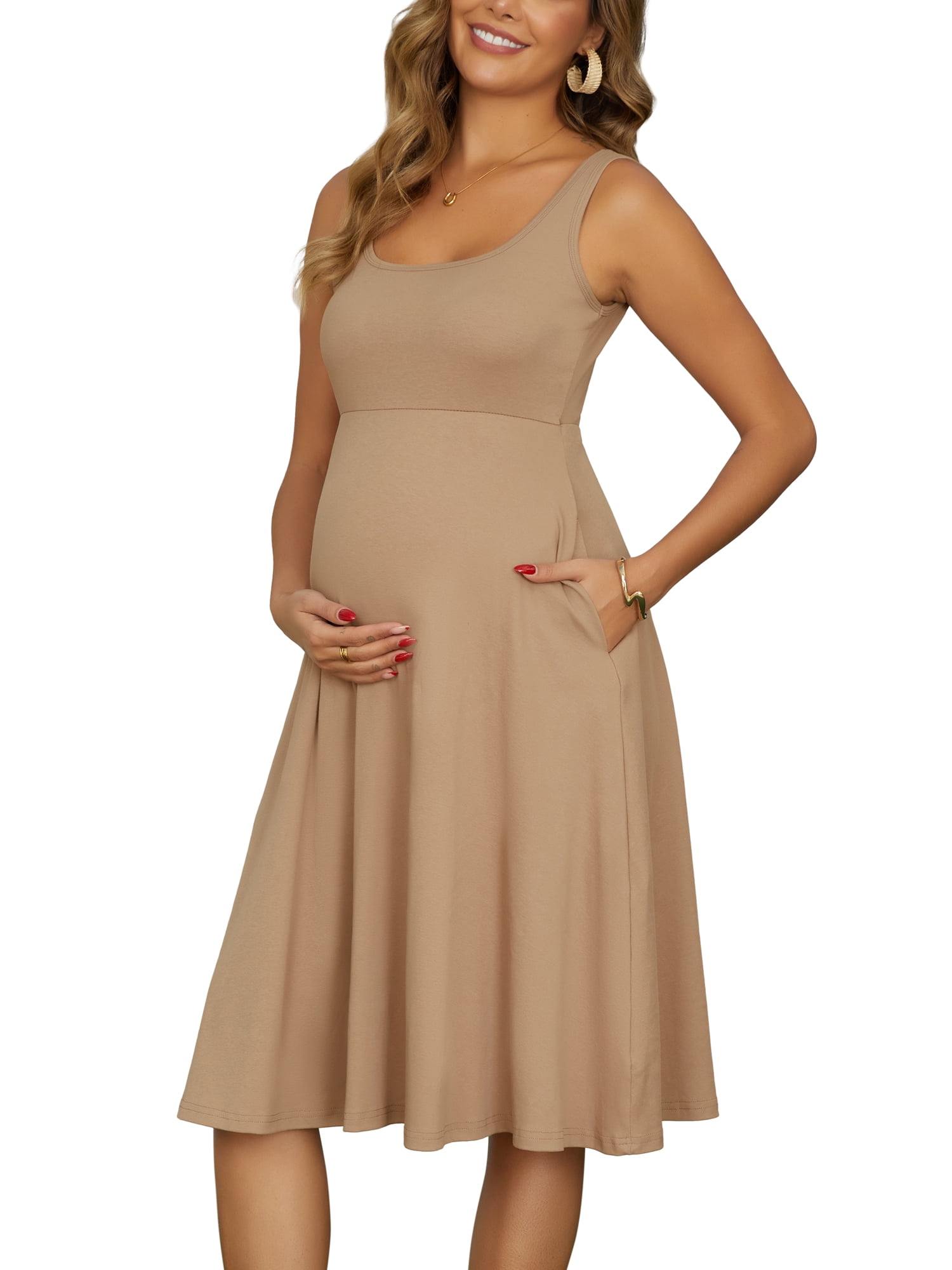 DARING DIVA Women's Maternity A-Line Cotton Flare Dress with Pockets S Khaki