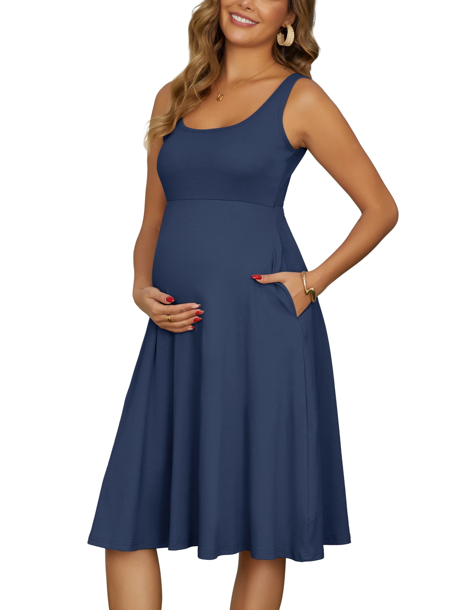 DARING DIVA Women's Maternity A-Line Cotton Flare Dress with Pockets XL Blue