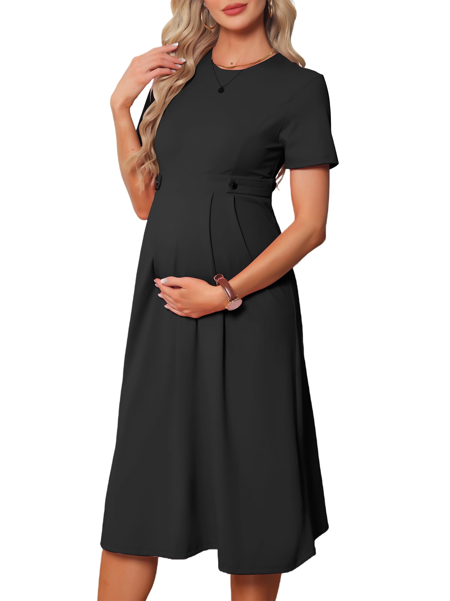 DARING DIVA Women's Maternity A Line Short Sleeve Front Pleated Dresses L Black