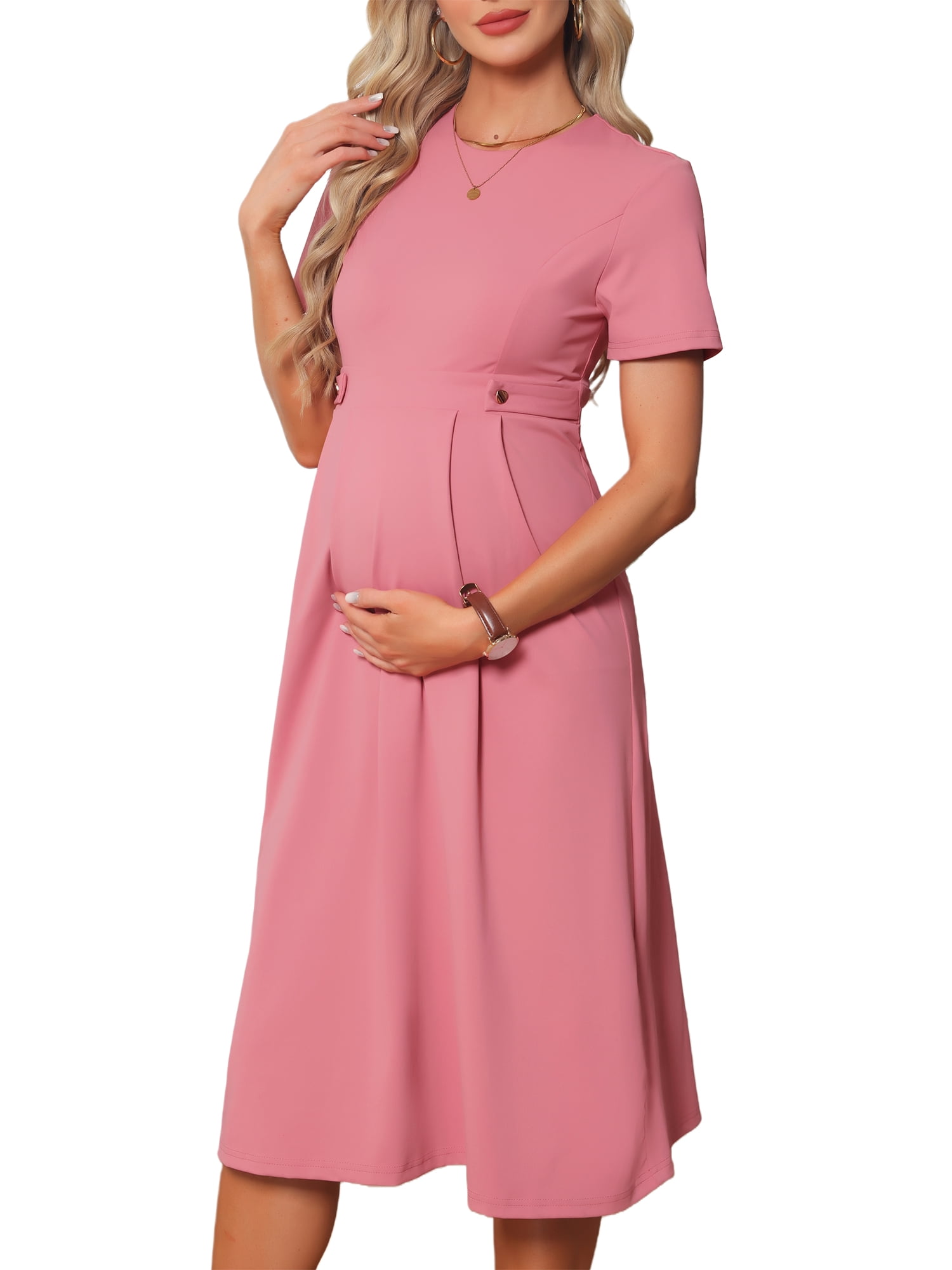 DARING DIVA Women's Maternity A Line Short Sleeve Front Pleated Dresses L Pink