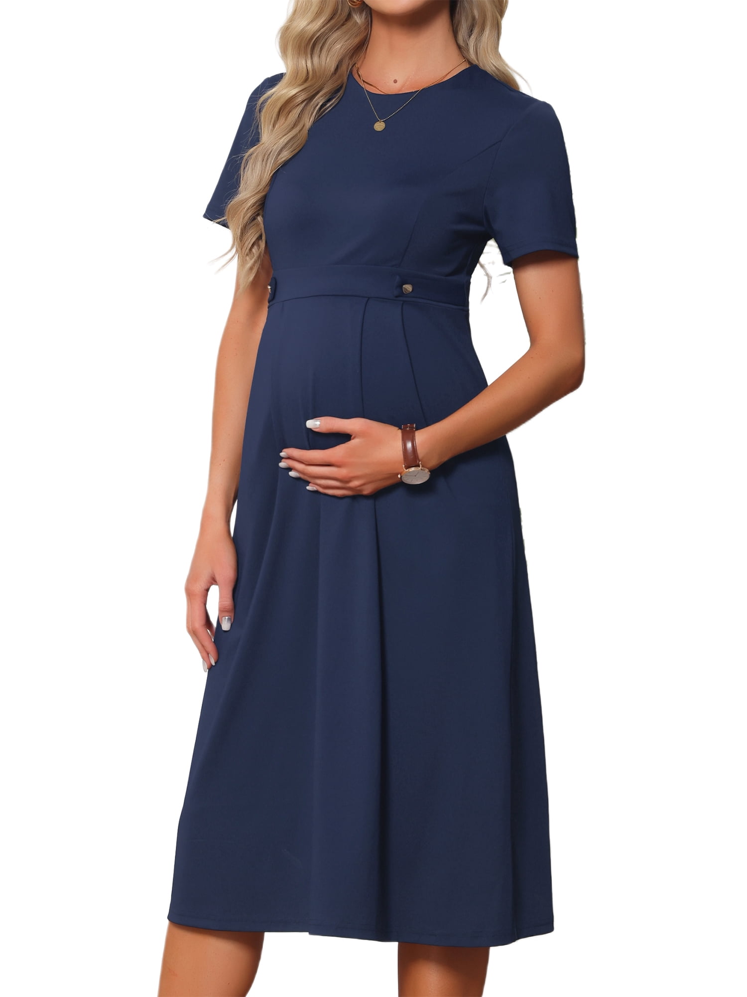 DARING DIVA Women's Maternity A Line Short Sleeve Front Pleated Dresses M Blue
