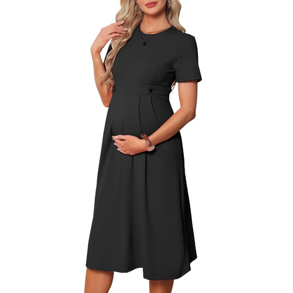DARING DIVA Women's Maternity A Line Short Sleeve Front Pleated Dresses S Black