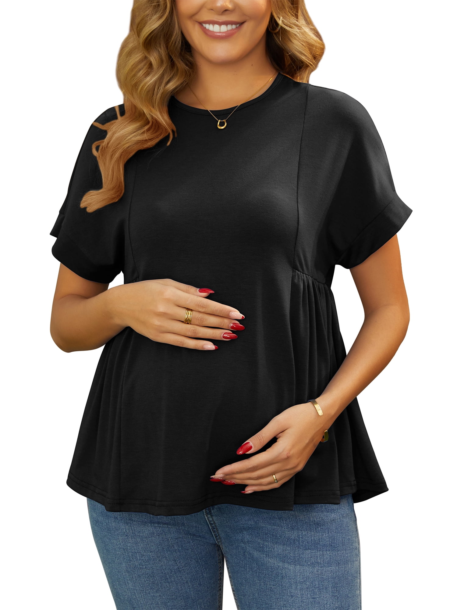 DARING DIVA Women's Maternity Business Shirt Peplum Babydoll Summer Blouse XL Black