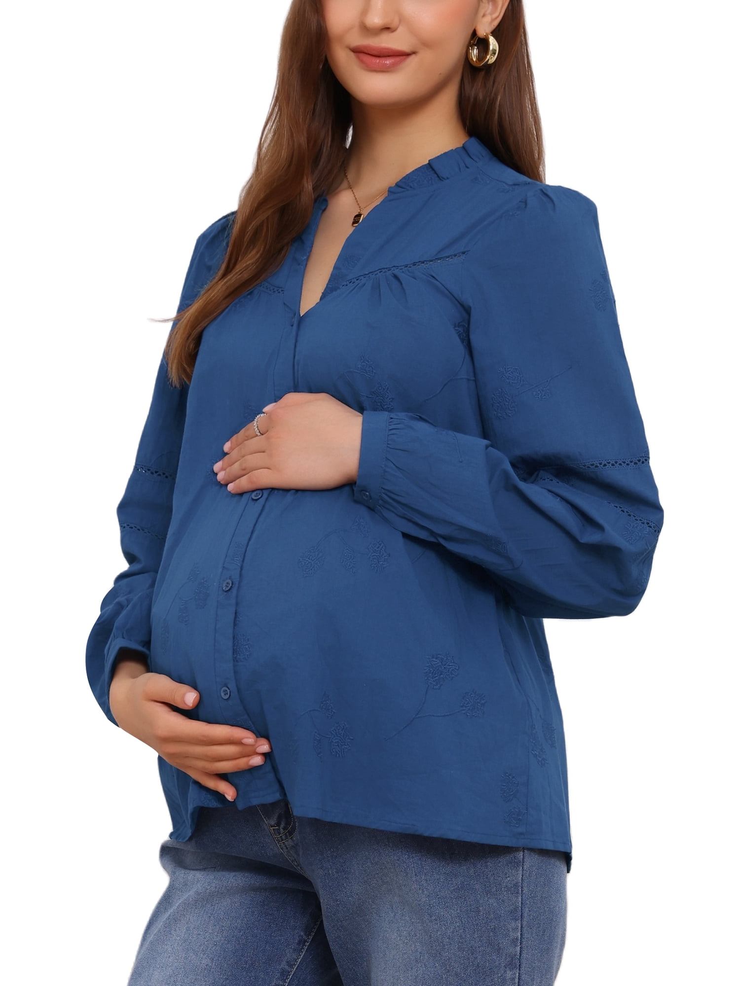 DARING DIVA Women's Maternity Cotton Button Down Long Sleeve Jacquard Blouse 2XL Blue