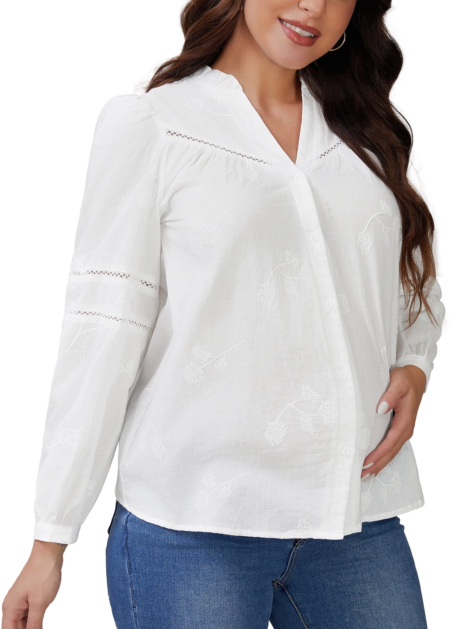 DARING DIVA Women's Maternity Cotton Button Down Long Sleeve Jacquard Blouse S White