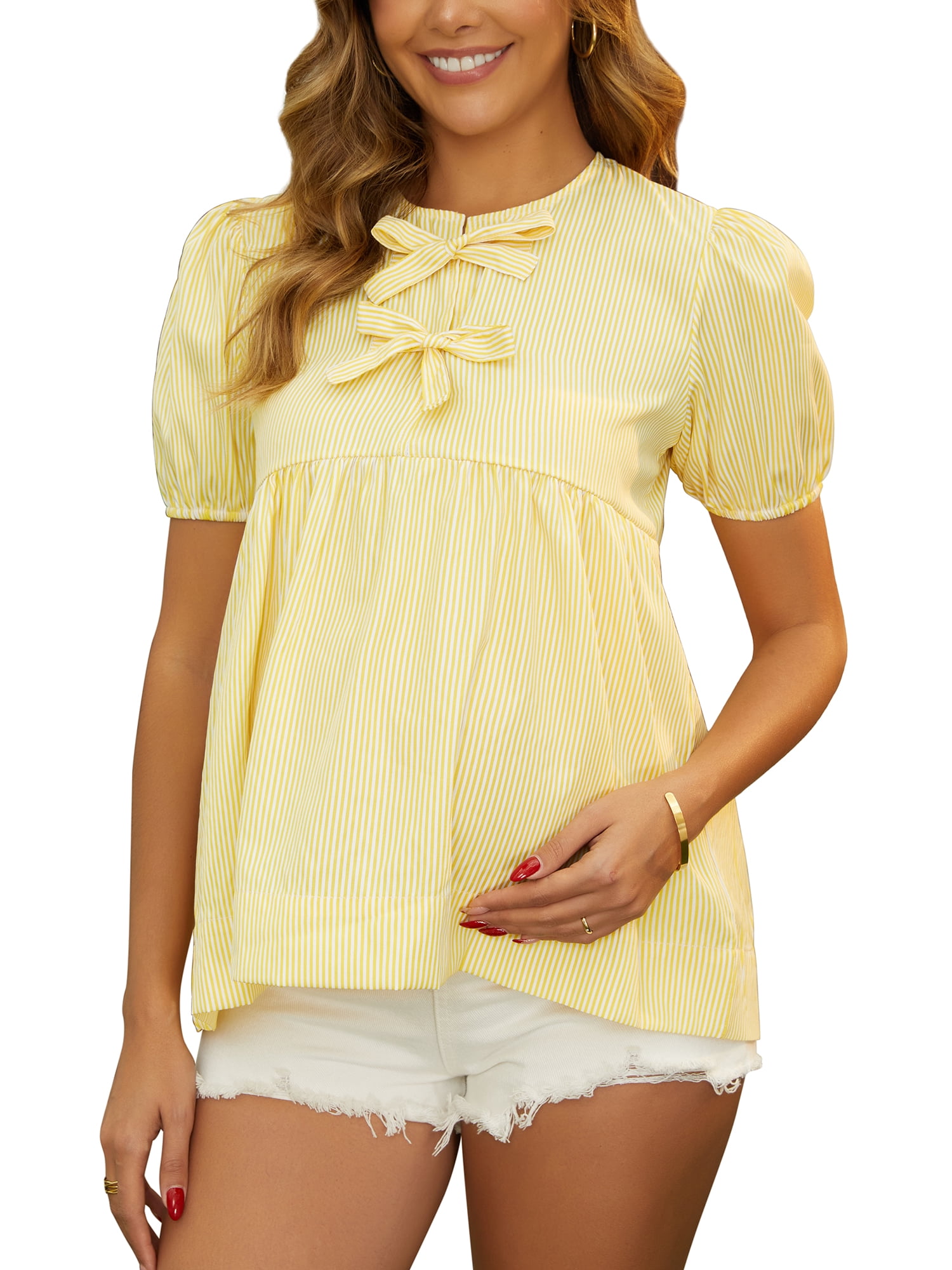 DARING DIVA Women's Maternity Cotton Cute Babydoll Fashion Peplum Blouse L Yellow