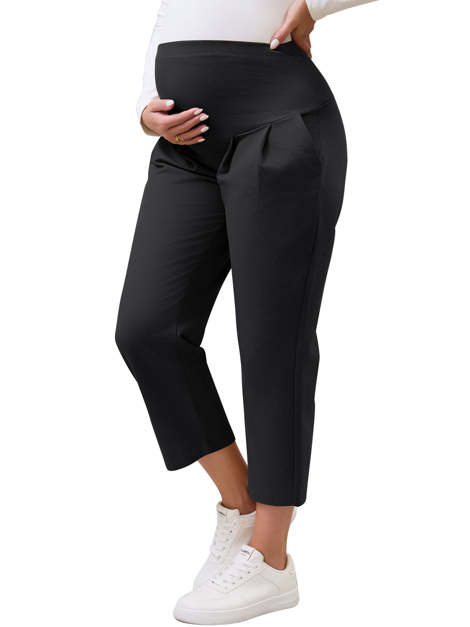 DARING DIVA Women's Maternity Cropped Pants High Waist Over Belly Trousers 2XL Black