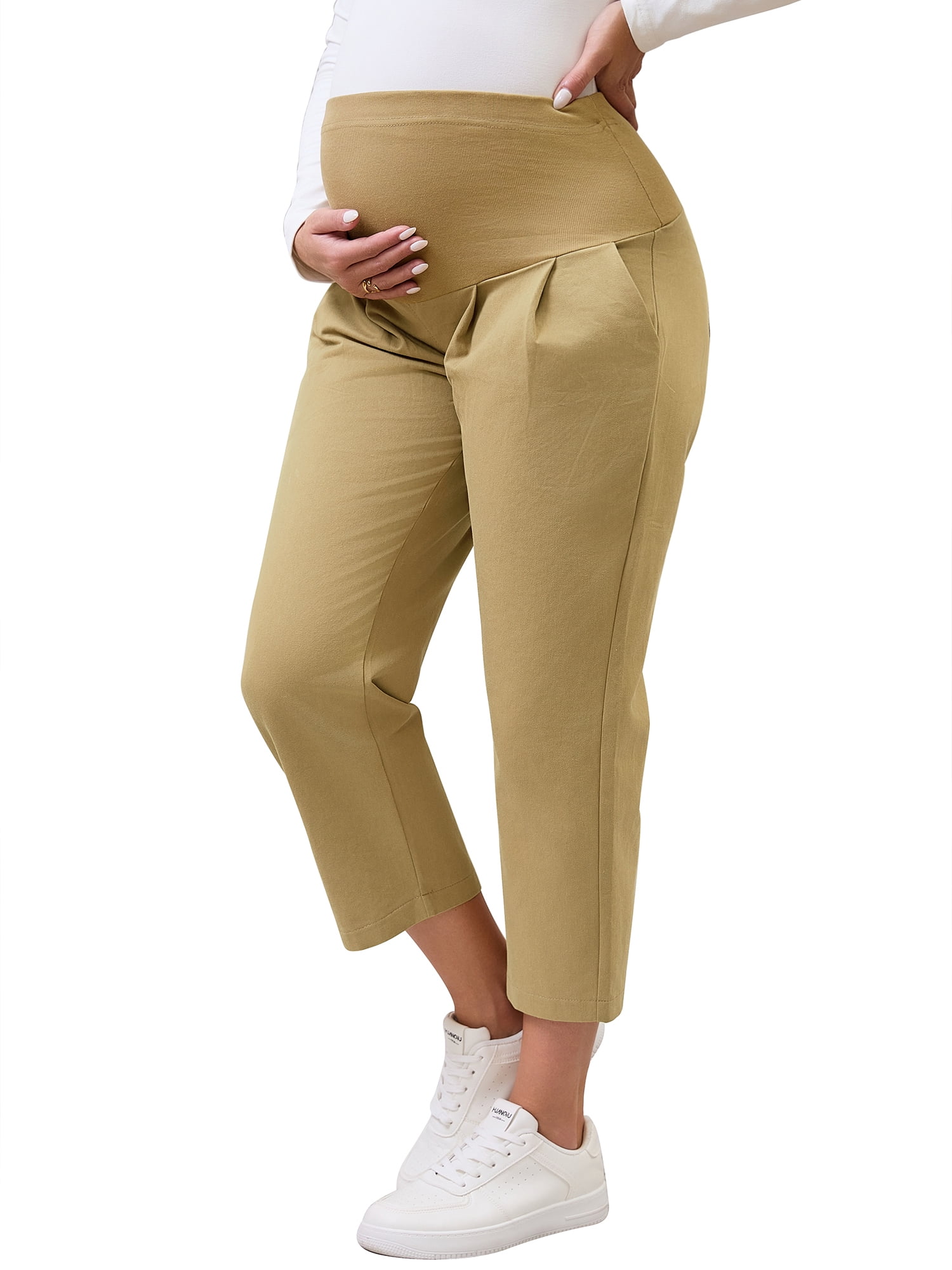 DARING DIVA Women's Maternity Cropped Pants High Waist Over Belly Trousers L Khaki