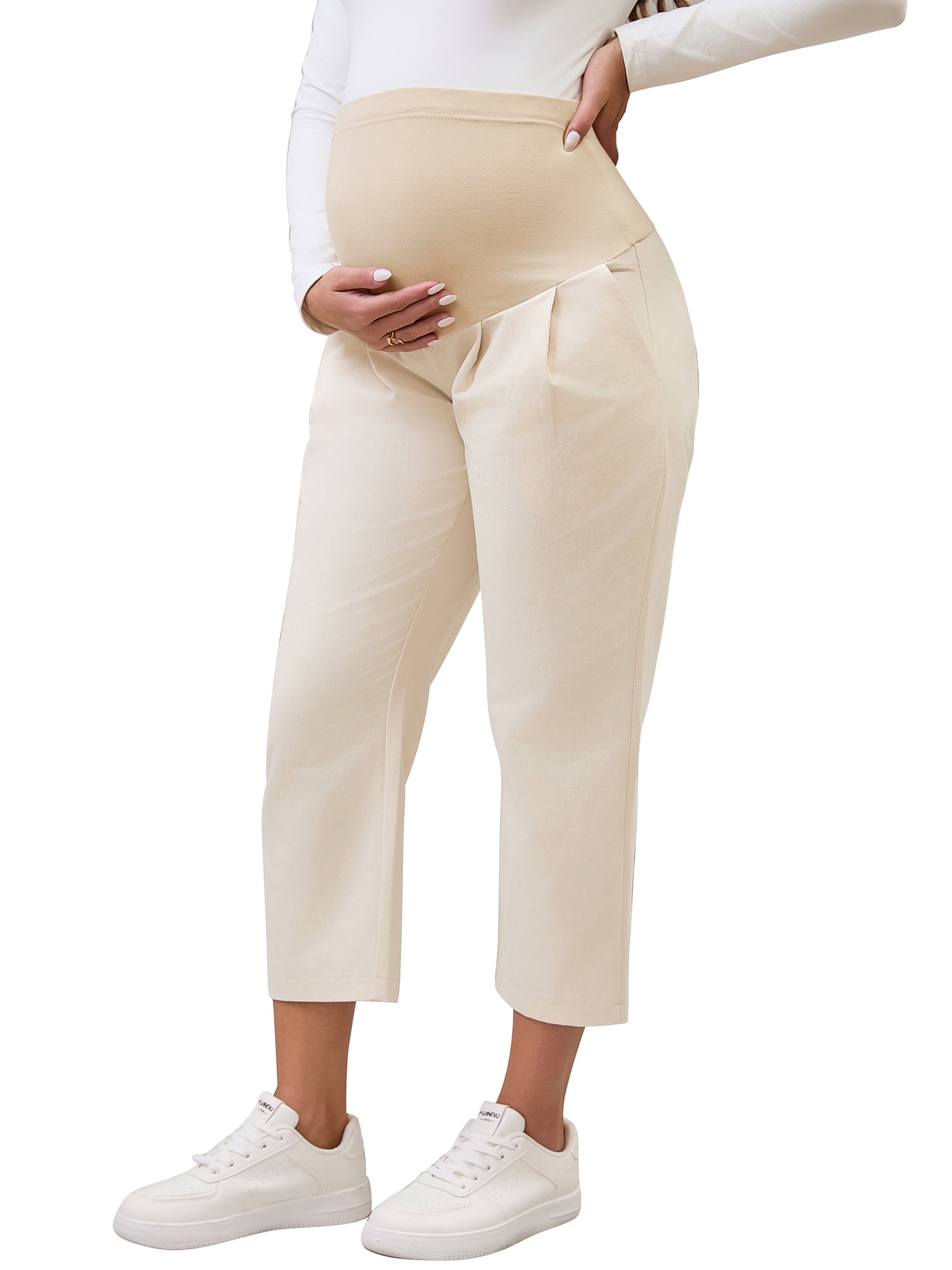 DARING DIVA Women's Maternity Cropped Pants High Waist Over Belly Trousers XL Beige