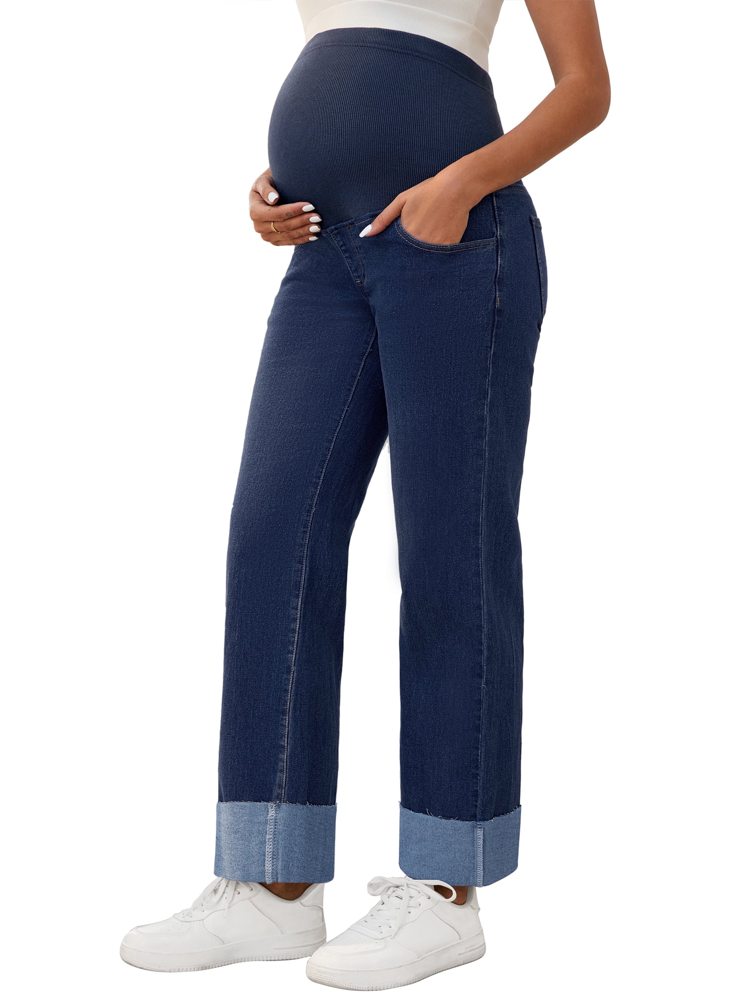 DARING DIVA Women's Maternity Cuffed High Stretchy Over the Belly Pants S Black Blue