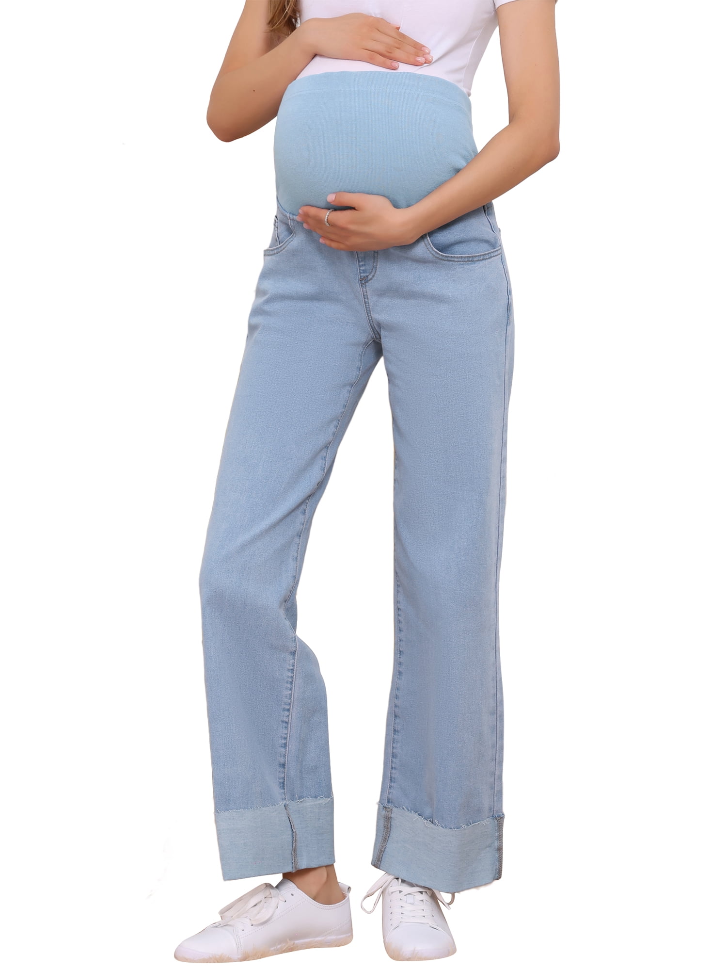 DARING DIVA Women's Maternity Cuffed High Stretchy Over the Belly Pants XL Blue