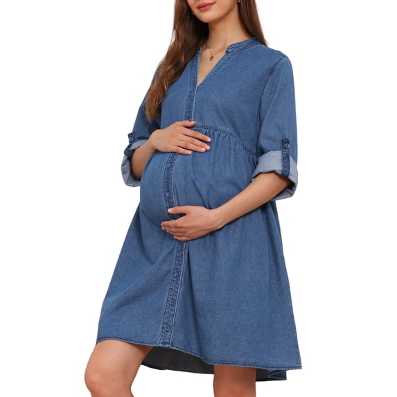DARING DIVA Women's Maternity Denim Dress Long Sleeve Babydoll Nursing Dress L Blue