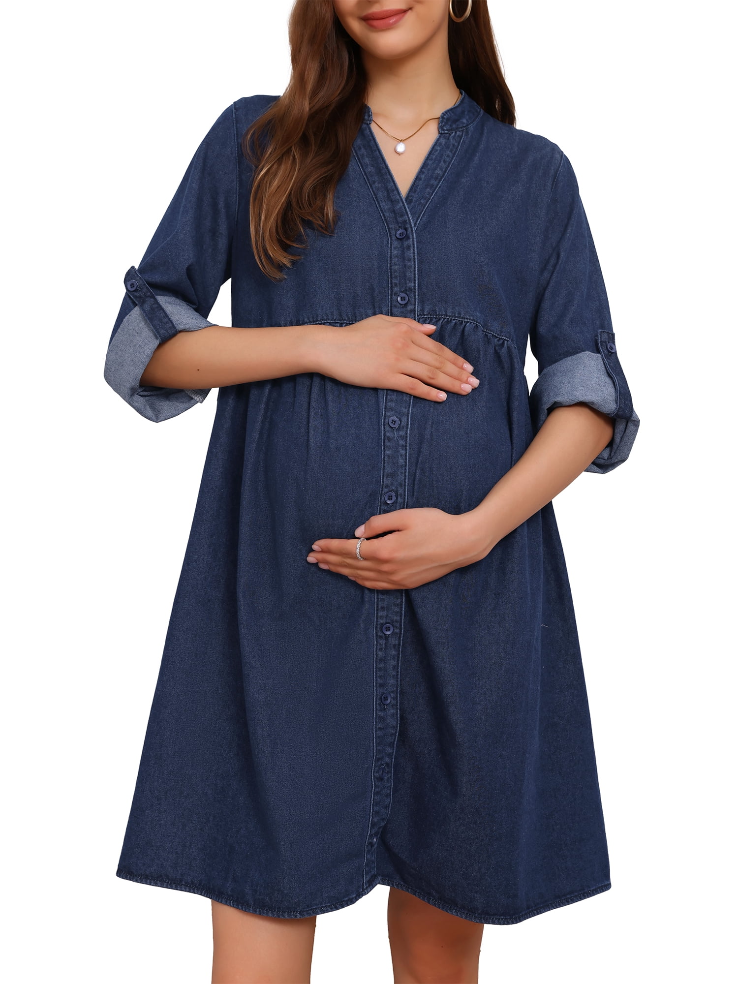 DARING DIVA Women's Maternity Denim Dress Long Sleeve Babydoll Nursing Dress S Deep Blue