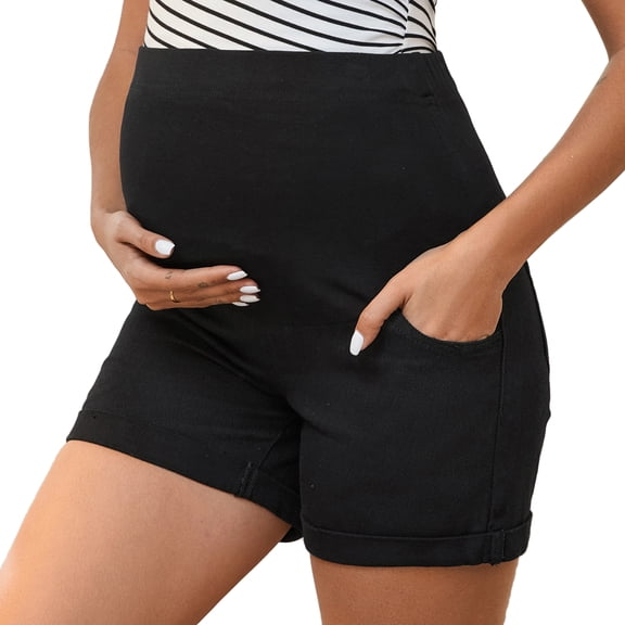 DARING DIVA Women's Maternity Denim Over Belly High Waist Casual Shorts S Black