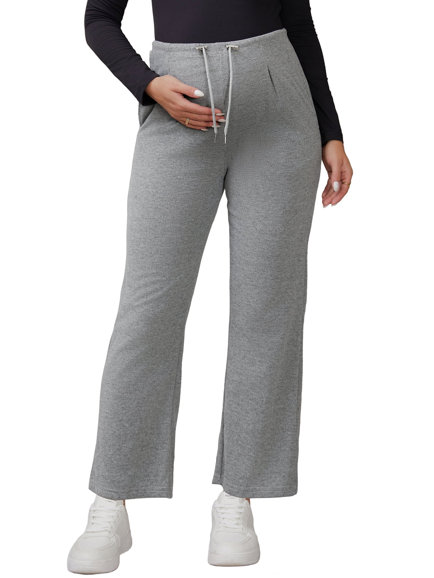 DARING DIVA Women's Maternity Elastic Waist Drawstring Over Belly Pants M Light Gray