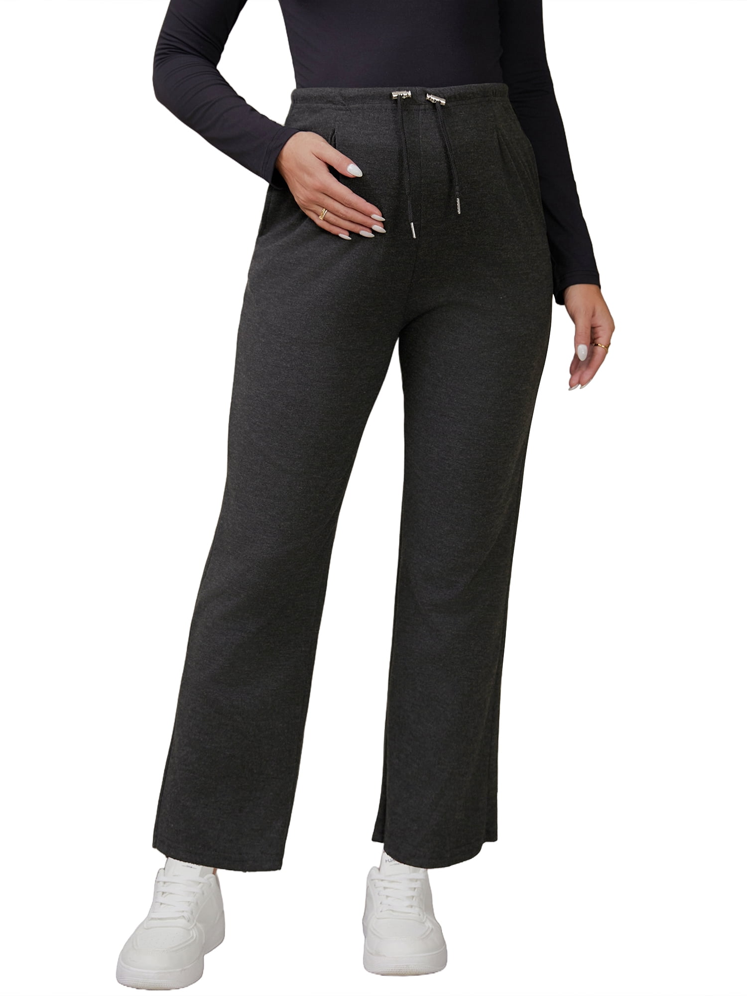 DARING DIVA Women's Maternity Elastic Waist Drawstring Over Belly Pants S Black