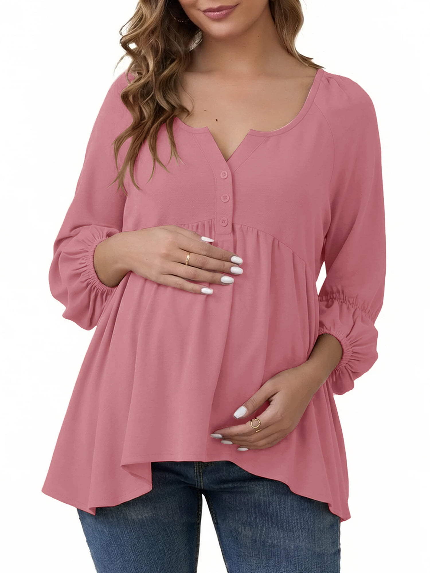 DARING DIVA Women's Maternity Empire Waist Babydoll Lantern Sleeve Blouse 2XL Pink